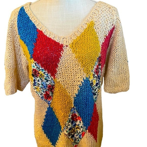 Cache colorblock Vintage vneck short sleeve sweater,‎ made in Italy flax silk